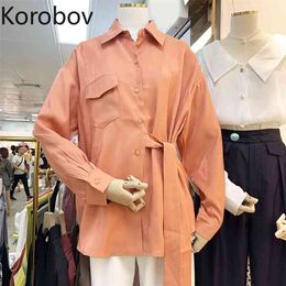 Korobov New Arrival Lacing Bow Slim Women Blouses Korean Turn-Down Collar Long Sleeve Shirts Pockets Vintage Blusas Mujer 210430
