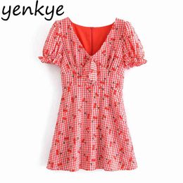 Red Cherry Plaid Dress Women Bow Tie V Neck Short Sleeve A-line Mini Sweet Female Summer Vestido 210430