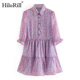 Women Chiffon Mini Dresses Ruffle Long Sleeve Floral Print Casual Turn Down Collar Chic Ladies Shirt 210508