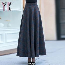 Plaid Pocket Back Elastic High Waist Mom Long Skirts Elegant Loose Drape Wool Warm Sukienka Autumn Winter Aesthetic Vintage Saia 211120