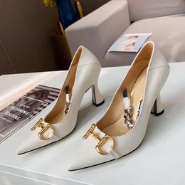 Classic high heeled boat shoe Designer leather Thick heel heels 10cm 100% cowhide Metal Button Pointed shoes chain women Dress shoes Large size 34-42