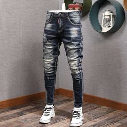 Fashion Streetwear Men Jeans Slim Fit Elastic Destroyed Ripped Denim Trousers Painted Spliced Designer Hip Hop Punk Biker Pants 211008