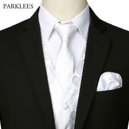 Men's 3pcs White Jacquard Paisley Vest Set Elegant Men Wedding Party Waistcoat for Suit or Tuxedo Necktie+Pocket+Square 210522