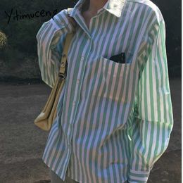 Yitimuceng Striped Blouse Women Button Up Casual Shirts Long Sleeve Unicolor Green Spring Summer Korean Fashion Tops 210601