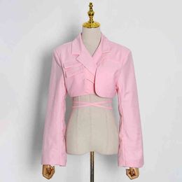 Hollow Out Casual Blazers Female Clothing Summer Cross Short Black Blazer Women Notched Long Sleeve Pink Coats 210510