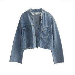 PERHAPS U Women Short Cropped Denim Blue Jacket Button Front Long Sleeves Jean Jackets Stand Collar C0006 210529