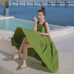 Summer Chic Spaghetti Strap Women Long Dress Beach Style sleeveless Sling Loose Ladies Plus Size Fashion Female Robe 210521