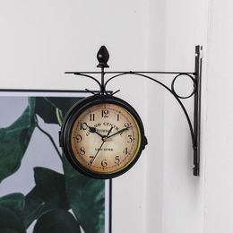 Wall Clocks Clock Vintage With Double Sided Metal Antique Style Station Hanging For Home Decor