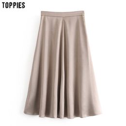 Fall Stain Skirts Womens High Waist A-line Midi Zipper Solid Colour Faldas 210421