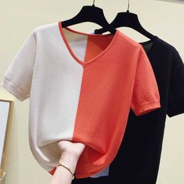 Stretchy sweater Short Sleeve Top Women Summer Female V-neck Shirt Knitted Candy Color Tees Plain pullover Vintage Clothes 210604