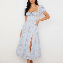 Women Summer Vintage Dresses Short Sleeve Floral Print Bow Tie Split fork Female Elegant A-Line Street Clothing 210513