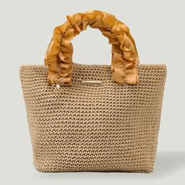 Shopping Bags Handmade Straw Woven Tote for Women Lace Pleated Handles Large-capacity Handbags Ladies Summer Simple Solid Portable Purses 220301