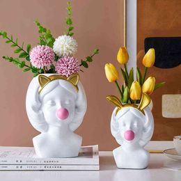 Piece Nordic Style Resin Human Face Vase Cute Girl Bubble Gum Decorative Flower Pot Succulent Flower Pot Home Tabletop Decor 211118