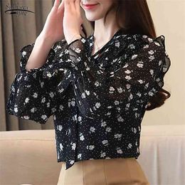 Autumn Fashion Elegant Bow Ruffle Tops Women's Long Sleeve Chiffon Blouses ShirtWomen Blusas Feminias 10532 210521