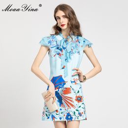 Summer Elegant Blue Floral Short Dress Women's Butterfly Sleeve Ruffle Animal print Party Vintage Mini Dresses 210524