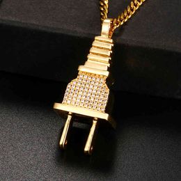 Mens Iced Out Bling Plug Pendant Necklace Charm Micro Pave Full Zircon Men Hip Hop Jewellery Gift X0509