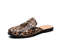 Men Sandals Loafers Leather Slippers Shoe Summer Spring Fashion Leopard Half Men's Mules Casual Shoes Plus Size 38-46