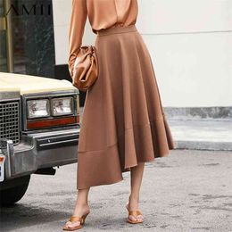 Minimalism Autumn Winter Fashion Asymmetrical Women's Skirt Causal Solid Calf-length Female 12070337 210527