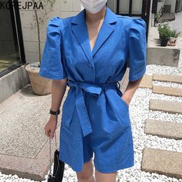 Korejpaa Women Jumpsuits Summer Korean Chic Simple Lapel Two Buckle Straps Waist Double Pockets Straight Casual Jumpsuit 210526