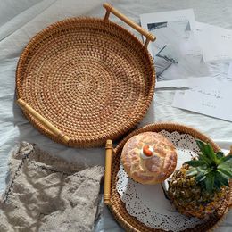 Storage Baskets Round Rattan Handwoven Basket Serving Tray Food With Handles Woven Bag For Breakfast Drink Snack Coffee Tea