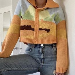 Women's Knits & Tees Vintage French Style Chic Lady Fashion Single Breasted Loose Cardigans Sunshine Print Short Knitted Sweater Women Autum