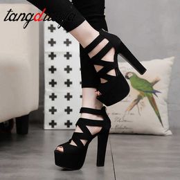 Summer European and American sexy super high heel women shoes black fish Rome sandals heels platform Y0721