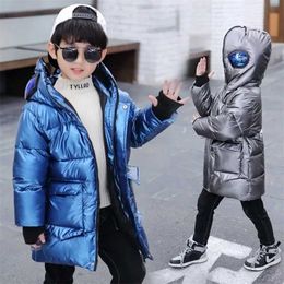 Boys Jacket Winter Warm Cotton Down Parker Children Glasses Hooded Coat Length Handsome Kids Bright Clothing HPY203 211203