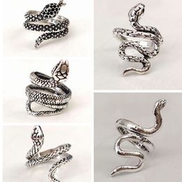 50pcs/lot Antique Silver Styles Mix Snake Ring Male Female Opening Adjustable Rings Exaggerated Metal Alloy Jewelry