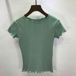 Tees Women ruffled Shirt Trimmings Ribbed Crop Tops Solid Fashion Short Sleeve Soft And Stretchy Short T-shirt Female Crop Tops G220228