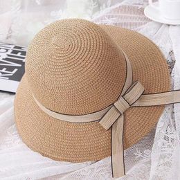 Vintage Elegant Summer Raffia Straw Hat for Women Wide Brim Bowknot Sun Hat UV Resistant Panama Beach Foldable Ladies Cap