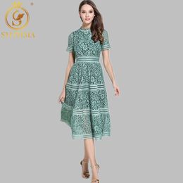 Green/Pink Lace Hollow Out Summer Dress Fashion Runway Vestidos Vintage Elegant Party Casual Dresses 210520