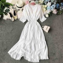 Retro Women Tassel Dress Elegant Summer V Neck Short Sleeve A Line Bodycon Dresses Fashion Ladies White Casual Robe 210525