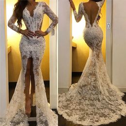 backless ivory Evening Dresses v neck Long sleeves Mermaid Lace high fron slit Islamic Dubai Saudi Arabic Formal Party Dress Prom Gowns