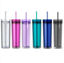 plastic cup mugs transparent PS acrylic with straw double-layer Fashionable office bottles 6 Colors 10pcs
