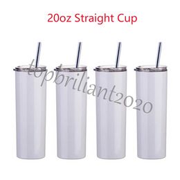 US Stock 20oz Sublimation Mug Straight Tumblers Bottles with Plastic Straw Blanks White 304 Stainless Steel Vacuum Insulated Slim DIY Cup Car Coffee Mugs