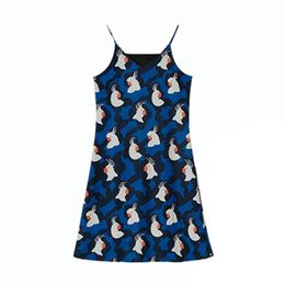 V Neck Spaghetti Strap Summer Sleeveless Midi Dress A Line Parrot Bird Blue D1328 210514