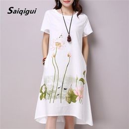 Saiqigui Summer Dress Plus Size Short Sleeve White Women Casual Cotton Linen Lotus Printing O-Neck Vestidos de Festa 210623