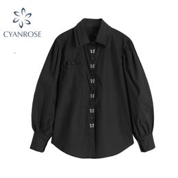 Autumn Women Black Gothic Shirt Long Sleeve Turn Down Collar Loose Harajuku Vintage Streetwear Goths Blouse Tops Casual 210430