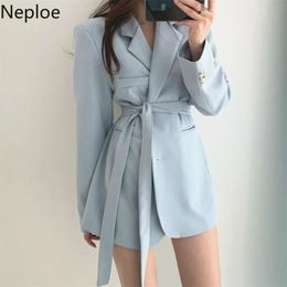 Korean Elegant French Suit Collar Jacket Two Buckle Lace Up Waist Slim Thin Double Pockets Loose Female 210422