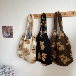 Storage Bags Women Fabric Shoulder Bag Plush Cartoon Handbag Bear Printed Large Capacity Decorative Button Inner Plaid Shopper