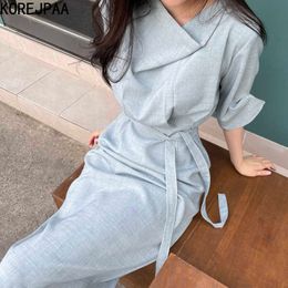 Korejpaa Women Dress Summer Korean Elegant Light Ripe Design Neckline Loose Lace-up Bubble Sleeves Split Shirt Long Dresses 210526