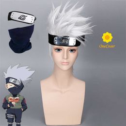 Anime Hatake Kakashi Cosplay Short Silvery Wig Headband Face Cover Heat-resistant Fibre Hair + Wig Cap Party Props Men Y0903