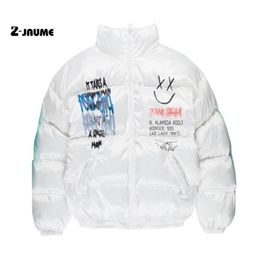 New Hip Hop Thick Jacket Parka Happy Graffiti Print Men Windbreaker Streetwear Harajuku Winter Padded Coat Warm Outwear 211129