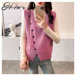 Women V neck Sweater Vests Sleeveless Button Up Knitted Casual Tops Split Chic Vest Korean Pink Women's Jumper 210430