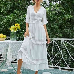 Backless Sexy White Lace Dress Party Women Summer Cotton Hollow Out Maxi Long Robe Femme Beach Sundress 210427