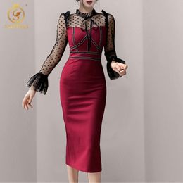 Spring Slim Mesh Patchwork Dot Dresses Robe Women's Long Sleeve Mid-Length Dress Vestido Da Festa 210520