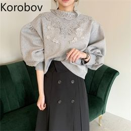 Korobov Korean O Enck Lace Embroidery Grey Black Hoodies and High Waist Double Breasted Midi Skirts 2 Pieces Sets 210430