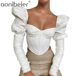 Square Collar Vintage Fashion Corset Women Top and Blouse Shirts Elegant Puff Long Sleeve Tops Sexy Blusas 210604