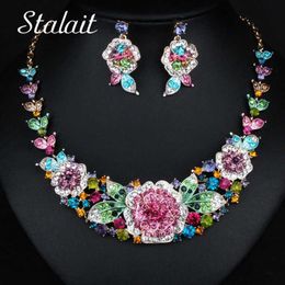 New Fashion Flower Leaf Wedding Bridal Prom Full Rhinestone Necklace Earrings Jewellery Sets For Women Birthday Gifts H1022