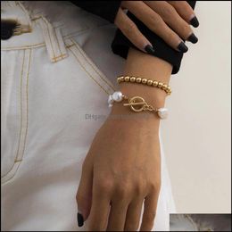 Link Chain Jewelry2Pcs/Set Bohemian Trendy Baroque Pearl Bracelets Hand Simple Cute Bead Boho Charm Bangle Bracelet For Women Jewellery Aesso